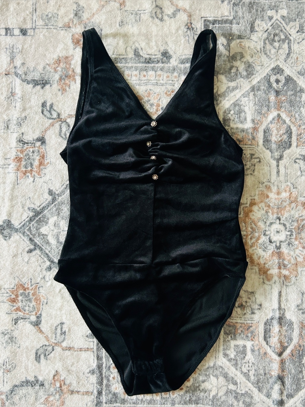 Dress Forum Black Velvet Bodysuit with Rhinestone Button Details